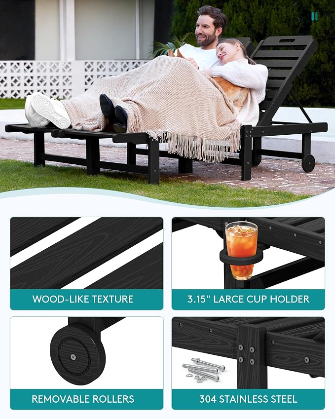 SERWALL HDPE Outdoor Chaise Lounge with Cup Holder & Wheels, Black | Weather-resistant chaise lounge resists fading, with 5-level adjustable back, cup holder and wheels.