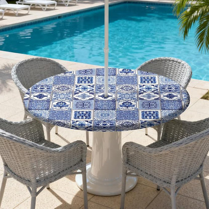 Outdoor Tablecloth with Umbrella Hole and Zipper Fits 32-36" Tables | Waterproof Round Fitted Tablecloth with Elastic Edge, Wipeable Outdoor Table Cover for Patio, Garden, Picnic