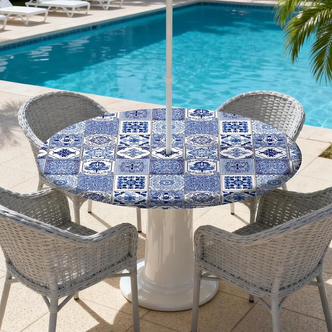 Outdoor Tablecloth with Umbrella Hole and Zipper Fits 61-65" Tables | Waterproof Round Fitted Tablecloth with Elastic Edge, Wipeable Outdoor Table Cover for Patio, Garden, Picnic