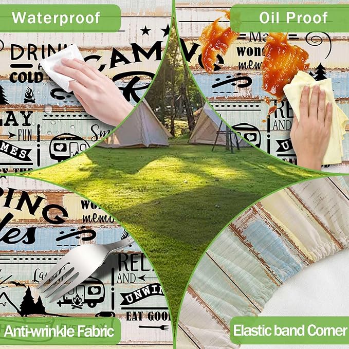 JAWO Wooden Plank Camping Camper Picnic Table Cover with Bench Covers, Camper RV Essentials Gear Supplies Outdoor Waterproof Windproof Tablecloth with Elastic, 30X96in