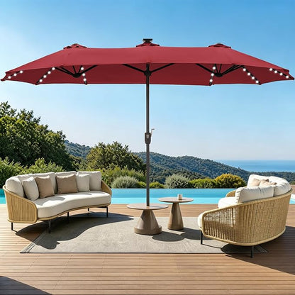 GREEN PARTY 13ft Patio Umbrella with Led Lights, Rectangle Outdoor Umbrella | 12-Mode Solar Lights, Double-Sided Rectangular table Umbrella, Large Shade for Backyard Deck Poolside, Burgundy(No Base)