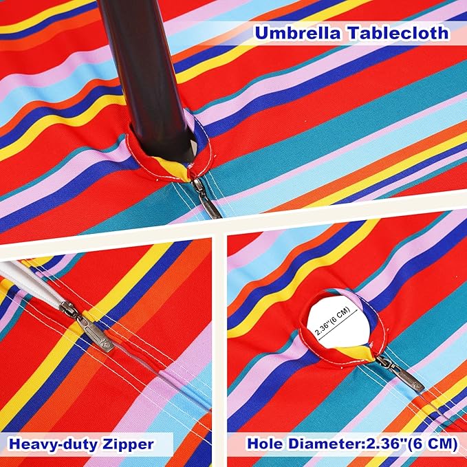 Poise3EHome Round Outdoor Tablecloth with Umbrella Hole and Zipper,Stripe 70 Inch,Polyester SpillProof Washable Table Cloth for Spring Summer Patio Garden Poolside Picnic Camping BBQS