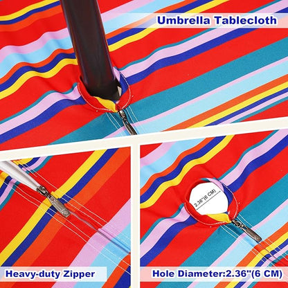 Poise3EHome Round Outdoor Tablecloth with Umbrella Hole and Zipper,Stripe 70 Inch,Polyester SpillProof Washable Table Cloth for Spring Summer Patio Garden Poolside Picnic Camping BBQS
