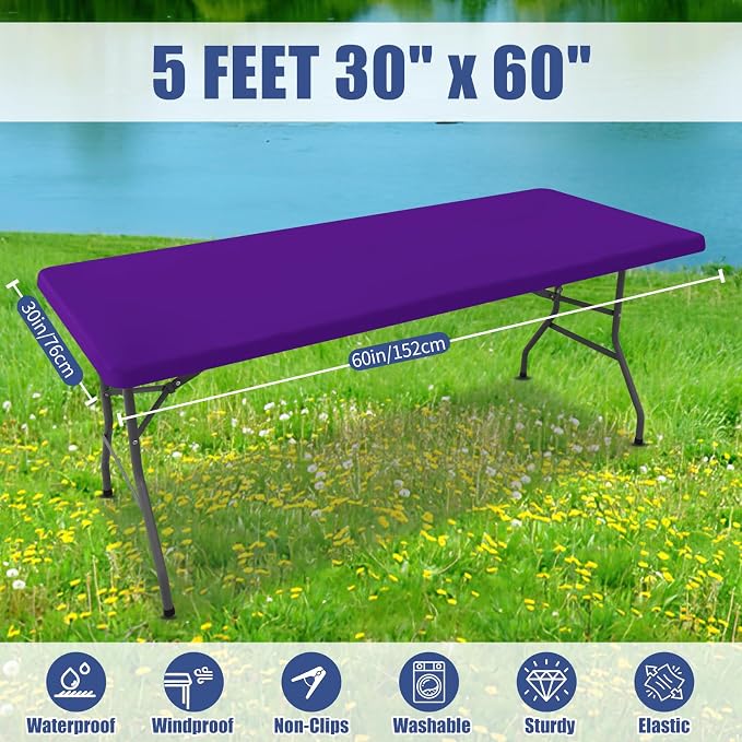 Moosfor 2 Pack Rectangle Spandex Fitted Table Cloth, 5FT Elastic Tablecloth | Washable Picnic Table Cover, Stretch Waterproof Table cloths for Party, Patio, Dining, Kitchen, 30" x 60", Purple