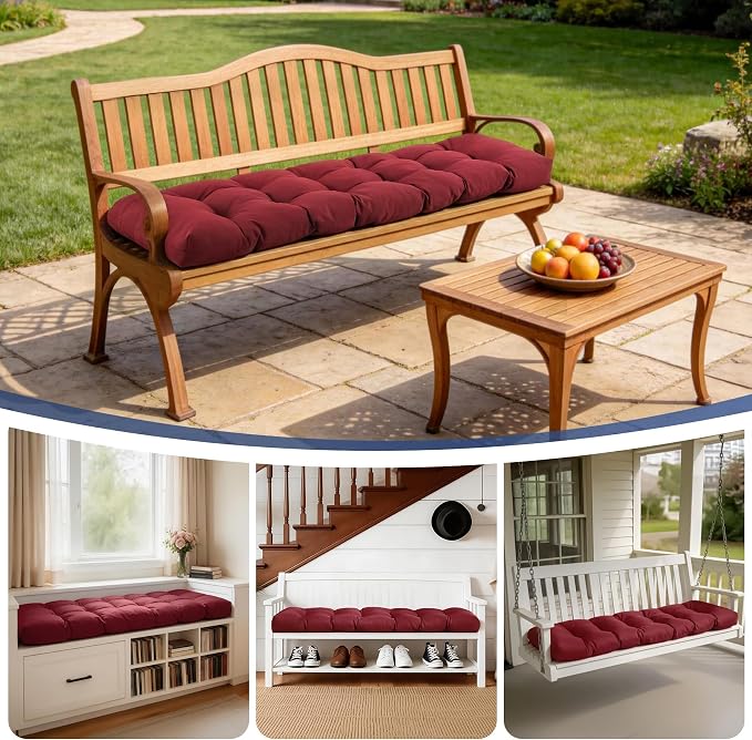 IASEAHK Outdoor Bench Cushion 59x18x5 Inch, Waterproof & Fade-Resistant Patio Furniture Cushions, Tufted Memory Foam Indoor/Outdoor Cushions for Couch Swing with Non-Slip Backing & Straps, Burgundy