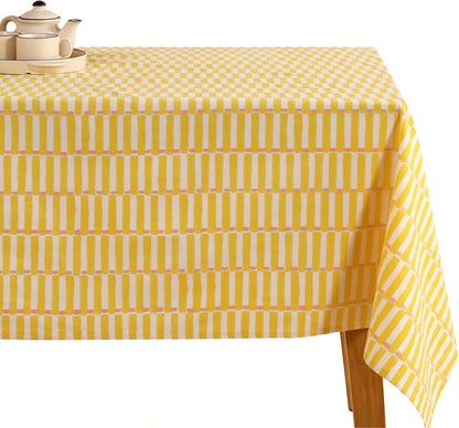 100% Cotton Hand Block Printed, Tablecloth for Kitchen, Dining, Table Cover for Parties, Chritmas, Weddings, Barbecues and Summer picnics Table Cloth (Yellow & Pink, 60" x 90")