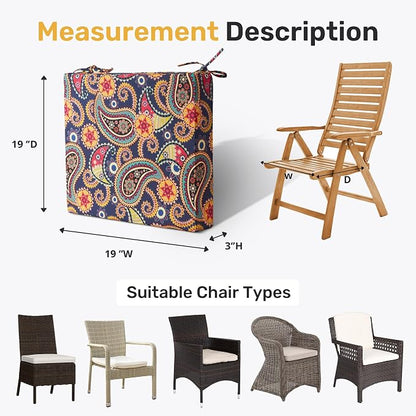 UNIKOME Outdoor Chair Cushions Pack of 4, Water Resistant Patio Cushions with Ties, High Density Sponge Filling Square Corner Seat Cushions for Outdoor Furniture, 19"*19"*3", Palmira Paisley