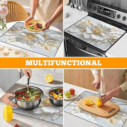 Multi-Design Stove Cover for Glass/Electric Stoves - 3-in-1 Heat-Resistant Protector Mat, Non-Slip Drying Rack 28"x20"
