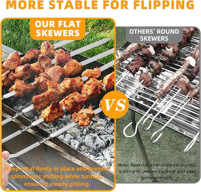 14" Skewers for Grilling with Gift Package, Flat Metal Kabob Skewers, Reusable Stainless Steel BBQ Skewers, Heavy Duty Shish Kebab Skewers for Outdoor Camping Grill Kitchen Cooking
