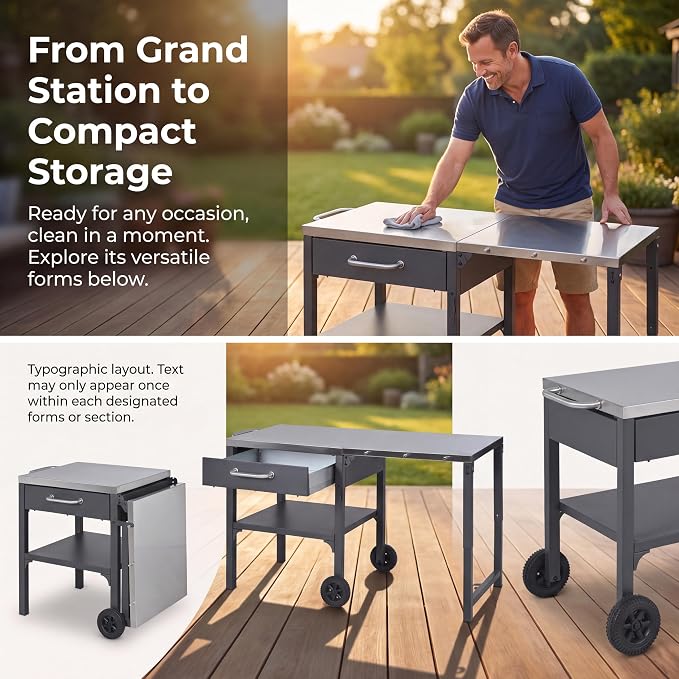 55” Outdoor Grill Table with Storage Cabinet & Folding, Metal | Stainless Steel Top Grill Cart for Kitchen with Wheels & Hooks, Kitchen Island Prep Table/Pizza Oven Table for BBQ Backyard