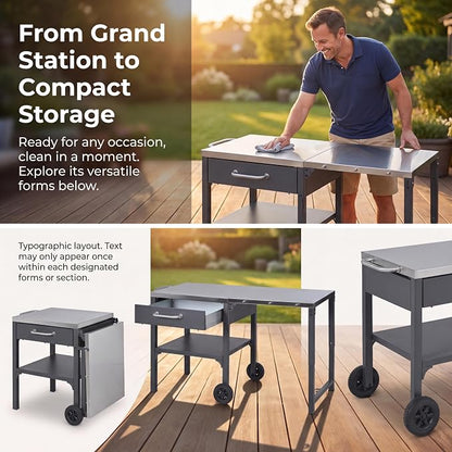 55” Outdoor Grill Table with Storage Cabinet & Folding, Metal | Stainless Steel Top Grill Cart for Kitchen with Wheels & Hooks, Kitchen Island Prep Table/Pizza Oven Table for BBQ Backyard