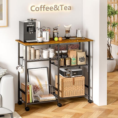 ThreeHio Rolling Kitchen Microwave Cart, 3-Tier Microwave Stand with Adjustable Shelf, Kitchen Storage Cart on Lockable Wheels, Coffee Bar Baker's Rack Organizer Shelf for Living Room, Office, Balcony