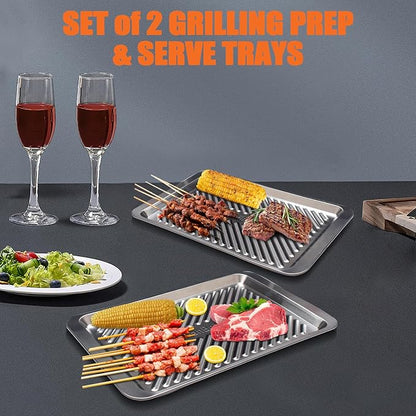 Grilling Prep and Serve Trays, Set of 2 Stackable Stainless Steel BBQ Tray, Standard Marinating Container, Serving Platter for Plating Food, BBQ Prep Tub for Marinating Meats, Grill Accessories