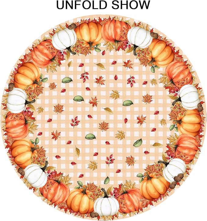 Sweetshow Thanksgiving Autumn Harvest Pumpkin Table Cloth Round Orange Plaid Fall Leaves Tablecloth 60 Inch Decor Washable Stain and Wrinkle Resistant Round Table Cover for Dining Party Picnic