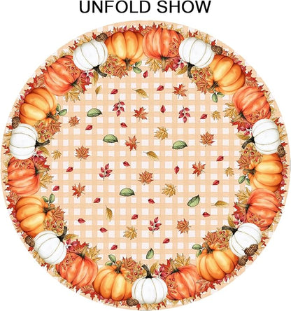 Sweetshow Thanksgiving Autumn Harvest Pumpkin Table Cloth Round Orange Plaid Fall Leaves Tablecloth 60 Inch Decor Washable Stain and Wrinkle Resistant Round Table Cover for Dining Party Picnic
