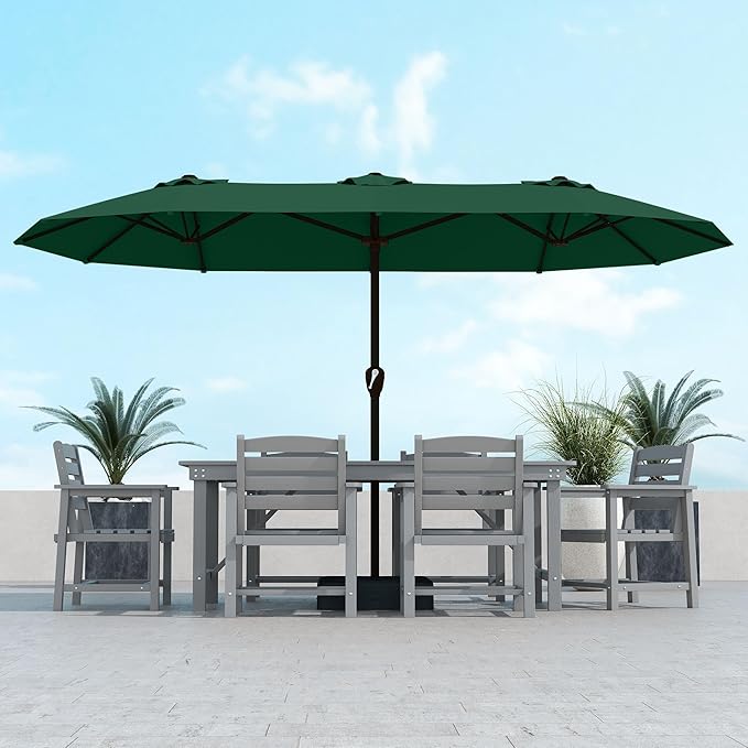 Kingdura 13ft Large Patio Umbrella with Base Included, Double-Sided Rectangle Outdoor Table Umbrella with 12 Reinforced Ribs, Crank Lift for Market Pool Deck Backyard, Dark green