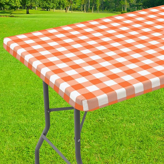 Smiry Rectangle Picnic Table Cloth, Elastic Waterproof Fitted Vinyl Tablecloths, Flannel Backed Buffalo Plaid Table Covers for Dining, Camping, Outdoor, Thanksgiving (White and Orange, 30" x 96")