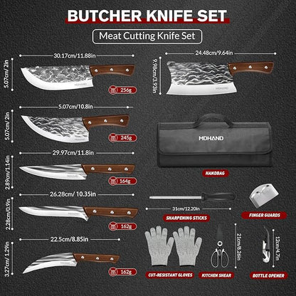 MDHAND Butcher Knife Set, Hand Forged Butcher Chef Knife Set with Roll Bag, Sharp Heavy Duty Meat Cleaver Knife & Bone Chopper Knives & Fillet Knives for BBQ, Outdoor Camping, Gifts for Men Women