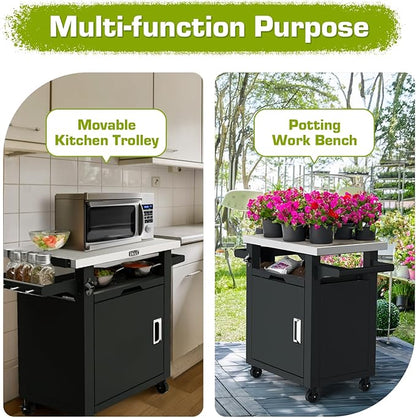 NUUK Grill Table with Storage Cabinet, Outdoor Bar Cart Pizza Oven Table with Wheels, Stainless Steel Top Kitchen Island 20" x 30" Rolling Prep Station for Indoor, BBQ, Deck, Backyard