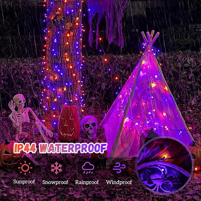 QITONG Solar Halloween String Lights, 2 Pack Each 33ft 100 LED Orange and Purple Led Lights Outdoor Waterproof, 8 Modes Christmas Solar Twinkle Lights for Patio Porch Decor