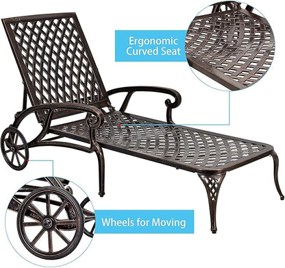 KEIKI Chaise Lounge Chair Outdoor, Aluminium Cast Patio Chaise Lounge with Adjustable Backrest and Moveable Wheels, Outside Tanning Chair, Brown (Side Table Not Included)