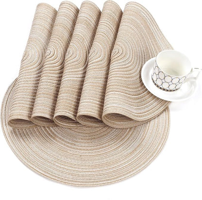 SHACOS Round Braided Placemats Set of 8 Cotton Fabric Round Table Mats Non Slip Washable 15 inch Round Place Mats Home Party Table Decor (Beige, 8)