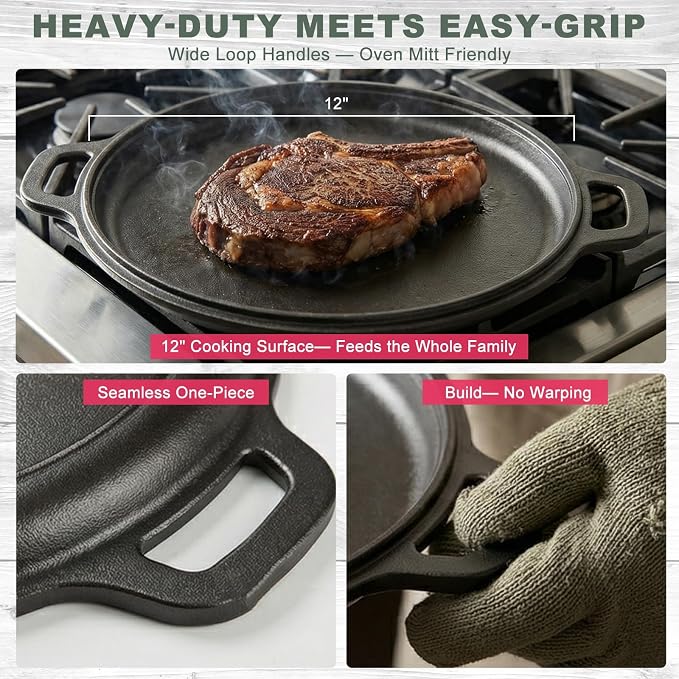12" Nonstick Comals Para Tortillas -Cast Iron Griddle Pan, Dishwasher Safe Round Skillet with Handles for Stove Top, Oven, Grill & Camping –Versatile Flat Top for Pancakes&Meats