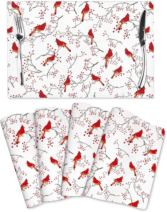 Cardinal Bird Red Berry Decor Placemats Set of 4 Linen 12x18 Inch | Decorative Table Mats for Kitchen Dining Table Heat Resistant Washable Place Mats Home Holiday Decor