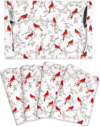 Cardinal Bird Red Berry Decor Placemats Set of 4 Linen 12x18 Inch | Decorative Table Mats for Kitchen Dining Table Heat Resistant Washable Place Mats Home Holiday Decor