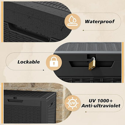 Fancyango 31 Gallon Outdoor Deck Box Waterproof, Storage Box for Patio, Resin Storage Bench Lockable for Garden Tools, Package Delivery, Black