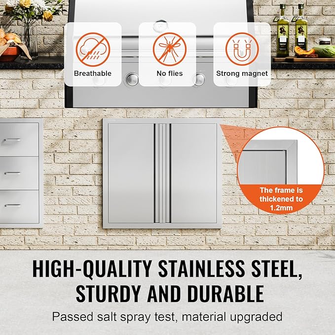 VEVOR BBQ Double Outdoor Kitchen Door, 26W x 24H Inch, Stainless Steel Flush Mount, Vertical Wall Door with Recessed Handles, for Grilling Station