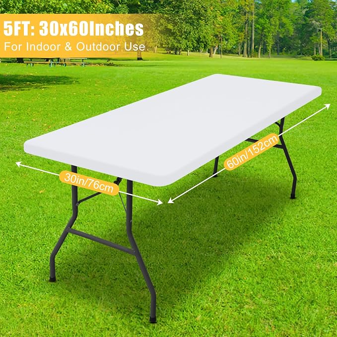 Rectangle Table Cloth, Waterproof Elastic Fitted Tablecloth for 5 Foot Folding Tables, Washable Polyester Tablecloths for Picnic, Camping, Outdoor (White, 30"x60")