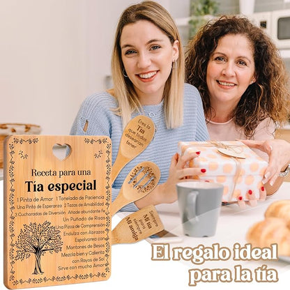 Regalos de cumpleaños para Tía - "Receta para una Tía especial". Juego de tablas de cortar y utensilios de bambú grabados. Regalos de cumpleaños para Tía. Spanish Aunt Cutting Board