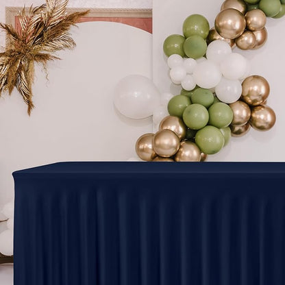 4 Pack Navy Spandex Table Covers 8ft Rectangle Ruffle Skirts for Party | Elastic Table Covers 8 Foot, Pleated Fitted Table Cloths, Wrinkle Resistant Elegant Table Skirts Wedding, Banquets