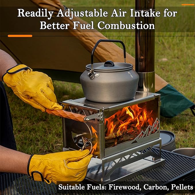 windhike Ultralight Pellet Stove - 18 lbs Portable Hot Tent Wood Stove, Small Stainless Steel Camping Burning Stove with 8 Chimney Pipes for Outdoor Heating, Cooking, Hunting & Ice Fishing