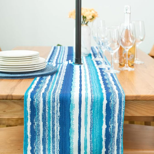 YiHomer Indoor Outdoor Tabletop for Spring Summer Decorations, Picnics and Dinner Parties - Stain and Water Resistant, Crayon Art (Ocean), Zipper Table Runner, 14 x 108 with Umbrella Hole