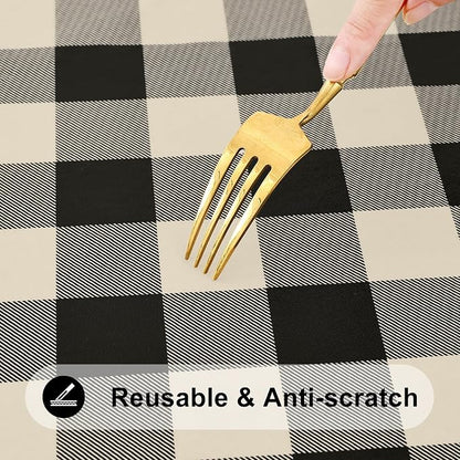 Smiry Rectangle Picnic Table Cloth, Elastic Waterproof Fitted Vinyl Tablecloths, Flannel Backed Buffalo Plaid Table Covers for Dining, Camping, Outdoor (Black and Beige, 30" x 96")