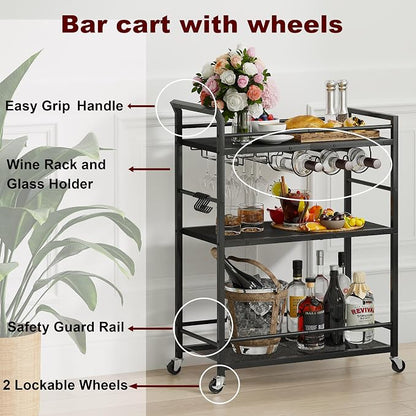 3 Tier Bar Cart, Small Beverage Cart, Mini Bar Cart with Wine Rack, Home Bar Serving Cart with Wheels for Kitchen Dining Living Room (Black, General) GBC507B