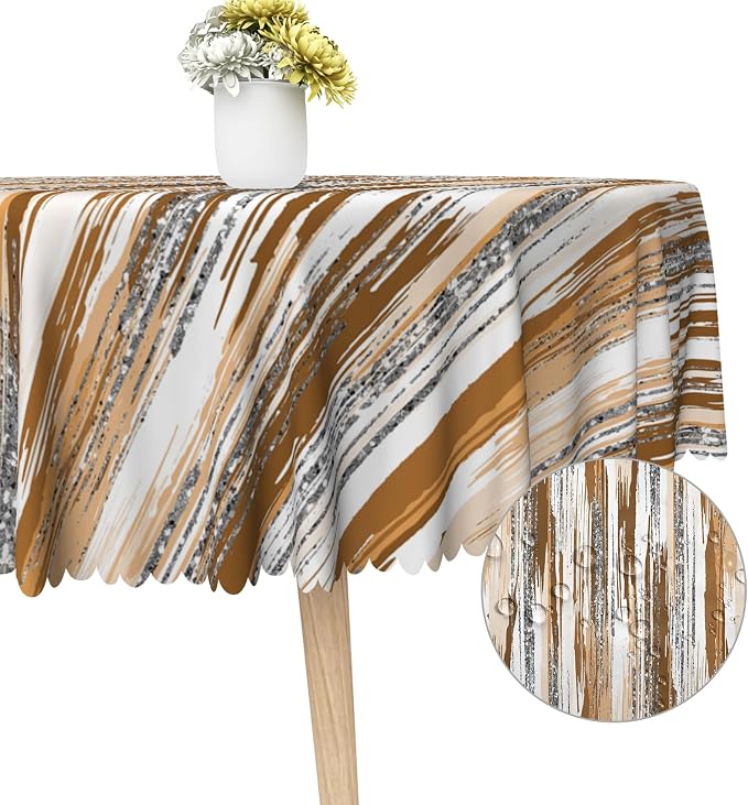 Abstract Striped Round Tablecloth 70 Inch Brown and White Old Texture Grunge Stripes Vintage Mosaic Dust-Proof Circle Table Cover Protector for Home Kitchen Restaurant Picnic Camping BBQ