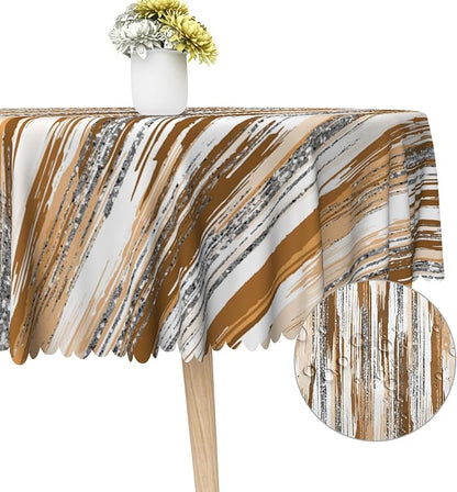 Abstract Striped Round Tablecloth 70 Inch Brown and White Old Texture Grunge Stripes Vintage Mosaic Dust-Proof Circle Table Cover Protector for Home Kitchen Restaurant Picnic Camping BBQ
