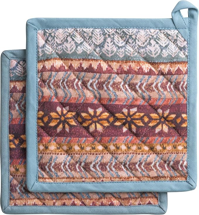 Maison d' Hermine Pot Holders 100% Cotton Potholders (8" x 8", Pack of 2) | Heat Resistant Hot Pads with Loop BBQ Cooking Baking Hotel Kitchen Handling Hot Pans Thanksgiving Christmas - Fair Isle