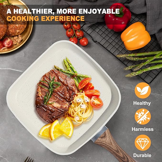 NEWBULIG 3-Piece Nonstick Grill Pan Set, Square Griddle Pans with Wooden Handles, Induction Cooktop Compatible, Nonstick Cookware for Steak, BBQ, Vegetables, Cream White, 9.5, 10.2, 11 Inch