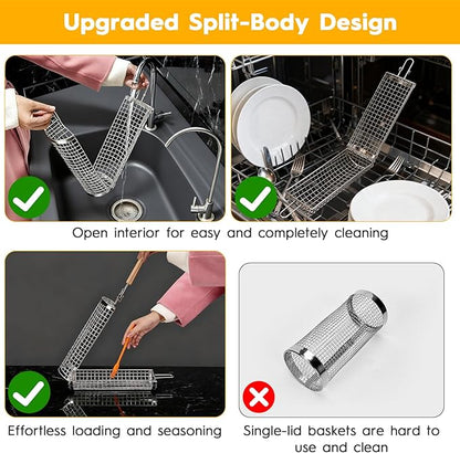 2 Pcs Rolling Grill Baskets for Outdoor Grill Accessories, BBQ Grilling Basket for Vegetables Shrimp Kebob, Thickened Stainless Steel Mesh, Split-Body Design, Perfect Grill Gift for Men, Dad, Husband