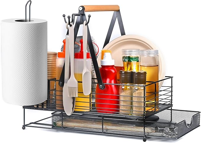 Grill Caddy with Paper Towel Holder and Plate Holder,Picnic BBQ Condiment Utensil Organizer Caddy for Camping, Rv, Camping Essential, Camper Must Haves, Grilling Gifts for Men