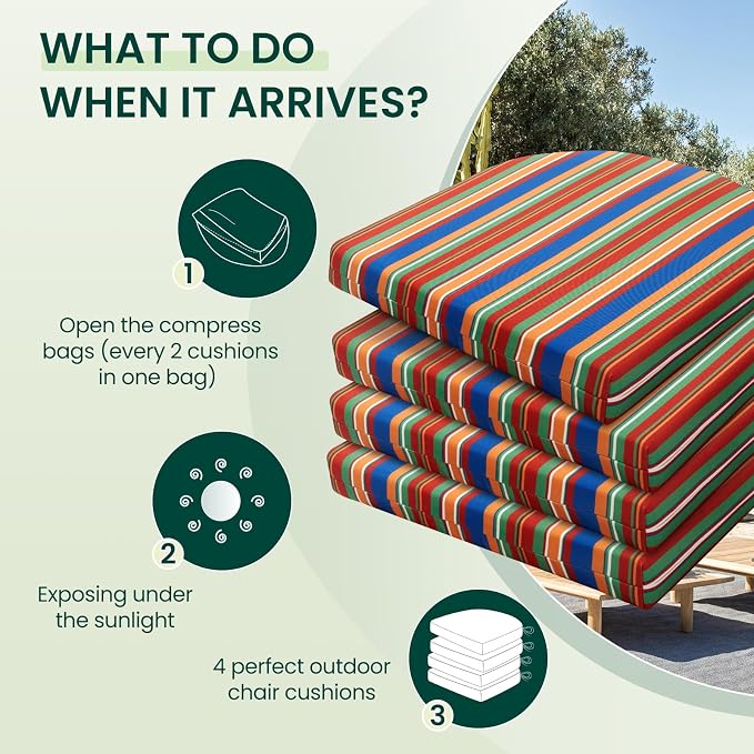 HARBOREST Outdoor Chair Cushions Set of 4, Water Resistant Patio Chair Cushions with Ties, Outdoor Seat Cushions for Patio Furniture, 17"x16"x2", Rainbow Stripes