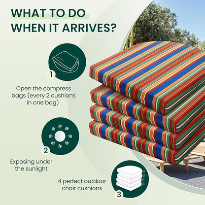 HARBOREST Outdoor Chair Cushions Set of 4, Water Resistant Patio Chair Cushions with Ties, Outdoor Seat Cushions for Patio Furniture, 17"x16"x2", Rainbow Stripes