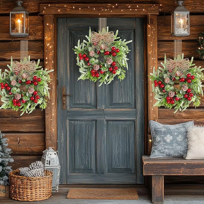 Dingion 18 Pcs Small Christmas Wreaths for Cabinet Kitchen Decor Mini Artificial Wreath 9 Inch Faux Garland with Burlap Ribbon for Vintage Retro Home Table Candle Porch Window Indoor Outdoor Decor