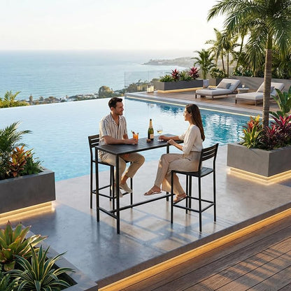 45" Outdoor Bar Height Table, Black Metal Frame with HDPE Top | Carbon steel frame, 400lbs Capacity. UV-Resistant, Easy Assembly, Adjustable Feet, for patio, hot tub, balcony, indoor