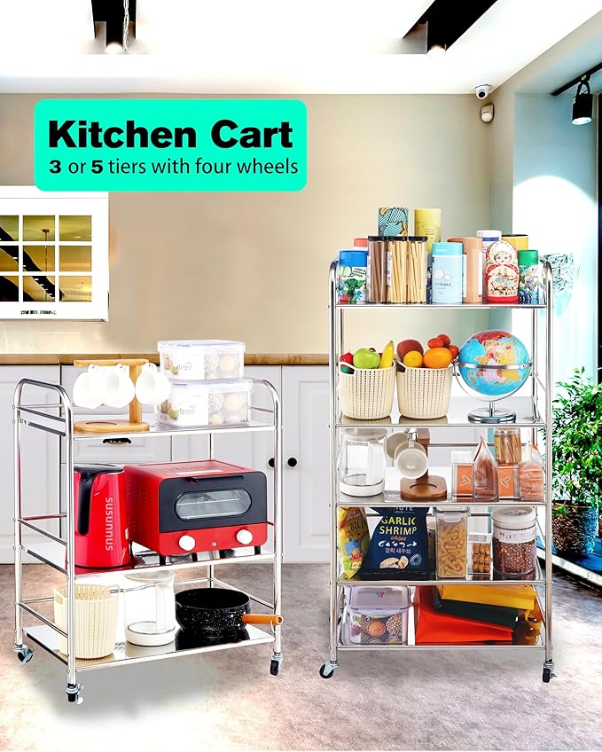susunnus Stainless Steel Cart,Movable,5 Tier,for Kitchen,Living Room | with Brakeable Wheels,Removable checkered panel,for Bathroom,Dining Room,Stainless Steel Kitchen Cart,Utility Cart,Metal Cart