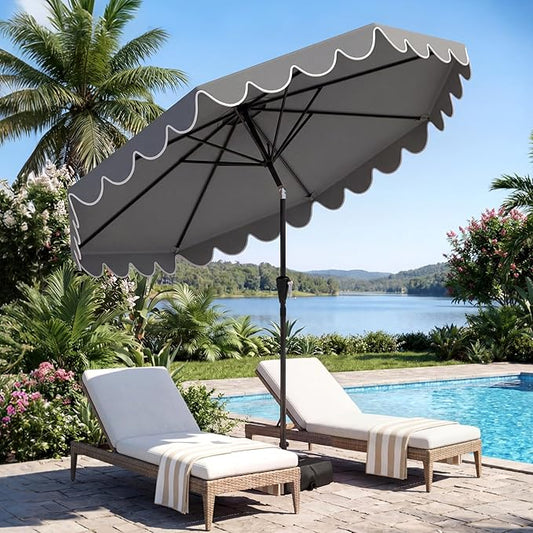 Tangkula 10 FT Patio Umbrella with Base Included, 2-Tiers Outdoor Scalloped Table Umbrella with 2 Sandbags, Tilt Adjustment, Crank, 8 Ribs for Market Backyard Pool Deck Beach Lawn